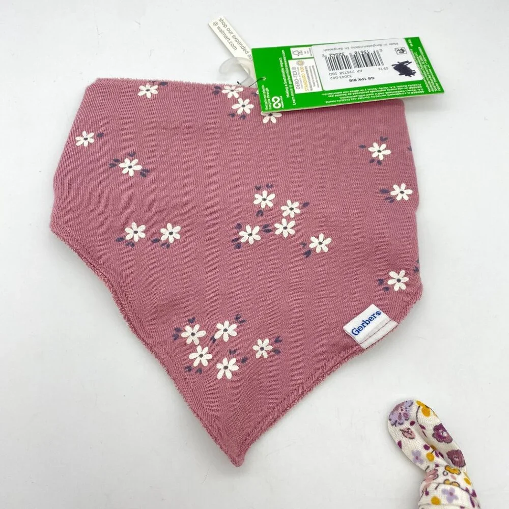 Gerber Baby girl handkerchief bibs‎ lot of 3 Terry cloth triangle floral flowers